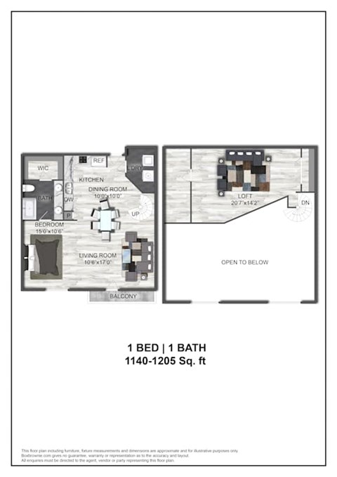 Floor plan for 1 bed, 1 bath, 1140 sqft